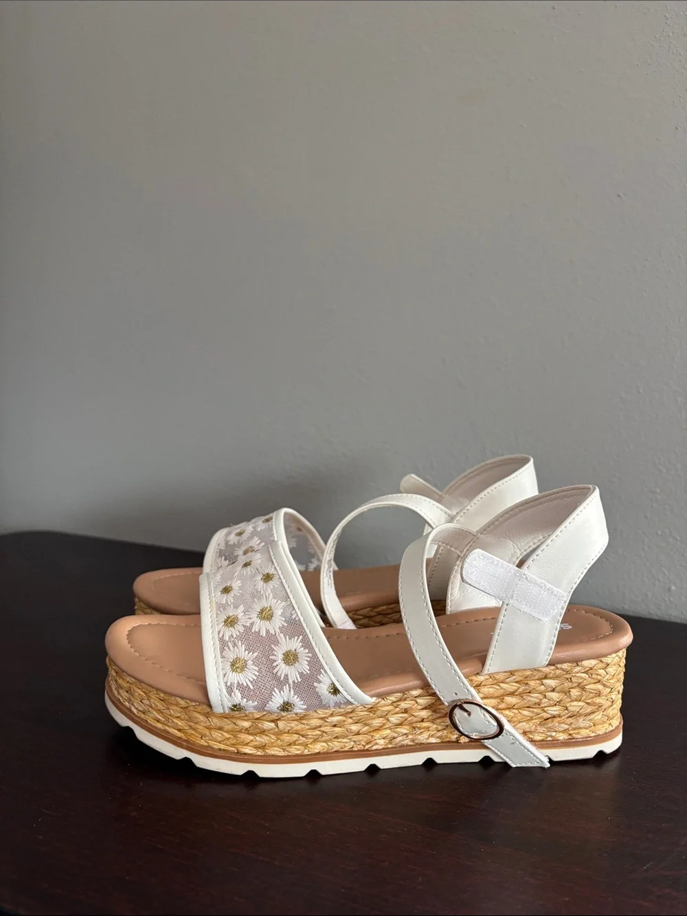 Girls White Daisy Espadrille Wedge Sandals with Ankle Strap